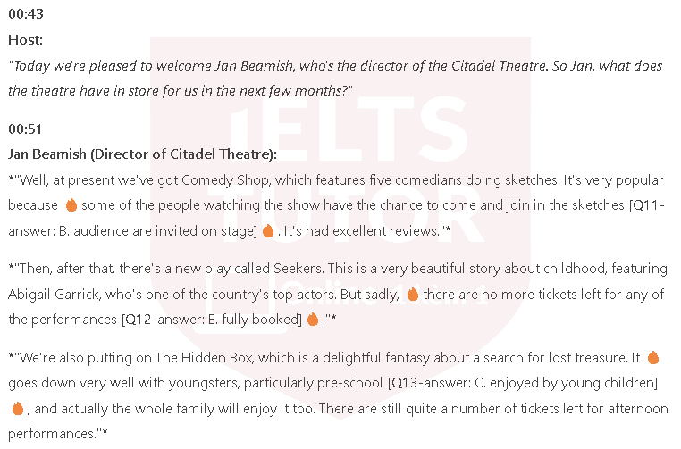 What information does the woman give about the following events at the Citadel theatre?: Đề thi IELTS LISTENING (actual test) 