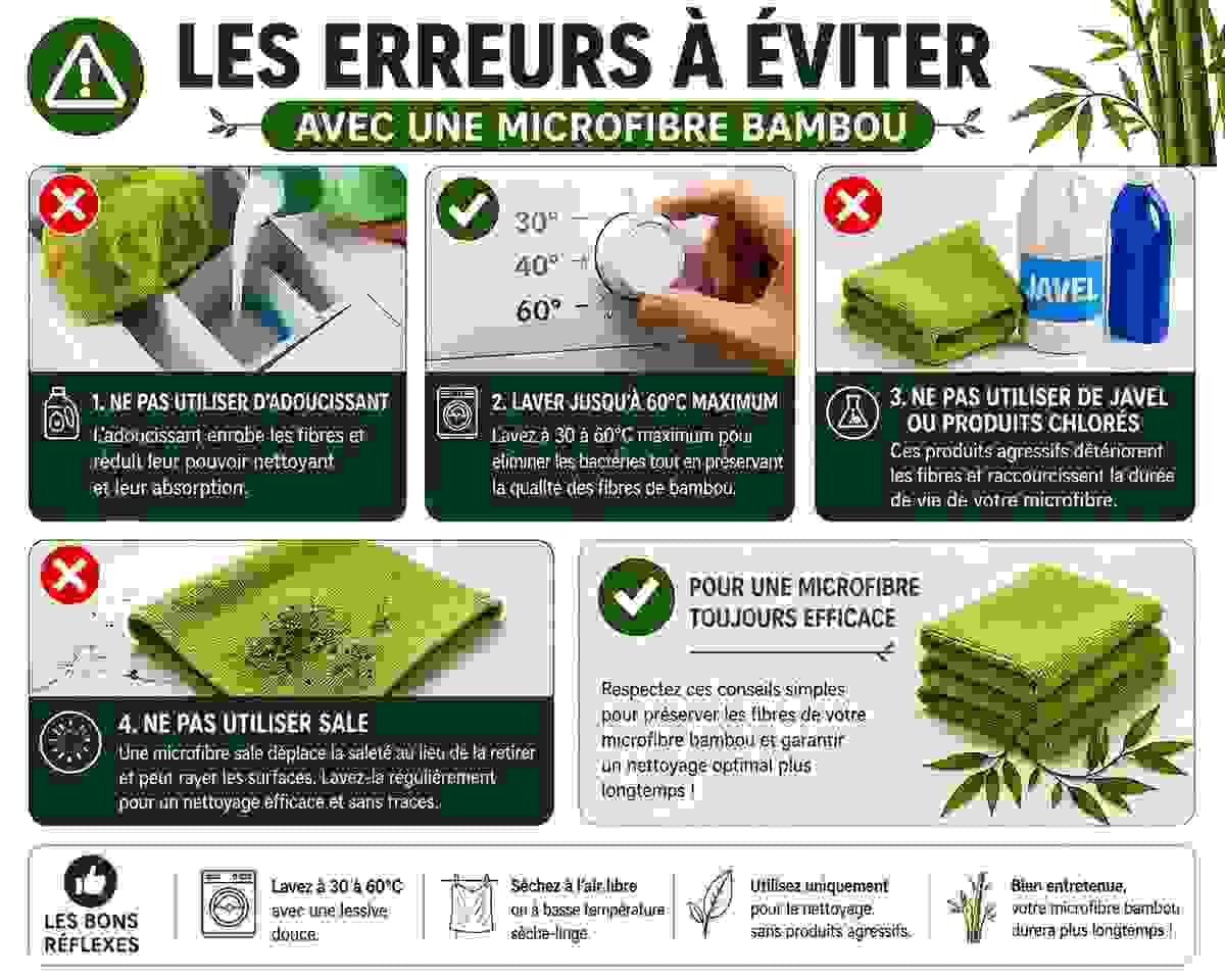 Infographie montrant les erreurs à éviter avec une microfibre bambou et les bonnes pratiques d’entretien et de lavage Infographie montrant les erreurs à éviter avec une microfibre bambou et les bonnes pratiques d’entretien et de lavage