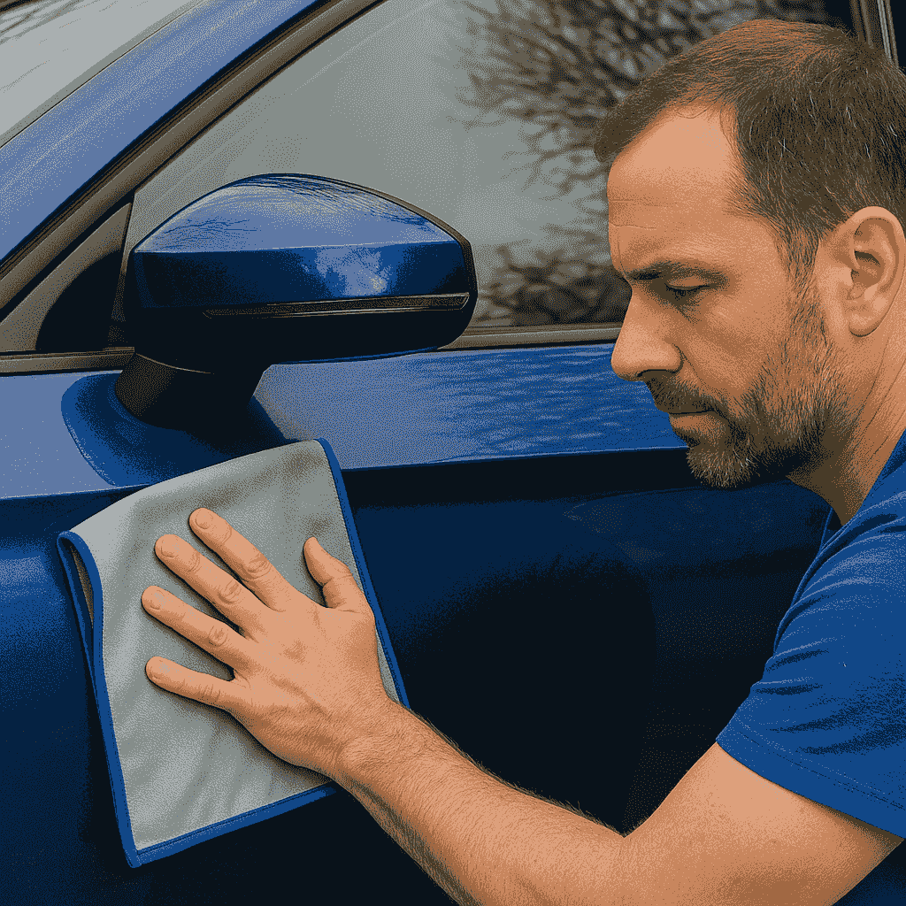 Un homme nettoie une carrosserie métallisée bleue avec une fibre Nanotuch®. Résultat net : surface brillante sans trace, contraste visible avec la zone non essuyée.