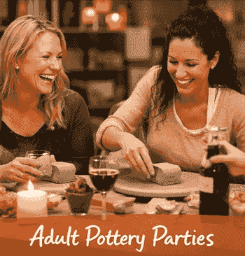 Group hand-building pottery during an adult pottery party Group hand-building pottery during an adult pottery party