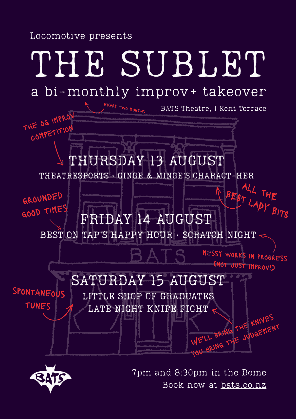 Sublet poster - text over a hand-drawn picture of BATS Theatre. Text is duplicated below. Sublet poster - text over a hand-drawn picture of BATS Theatre. Text is duplicated below.