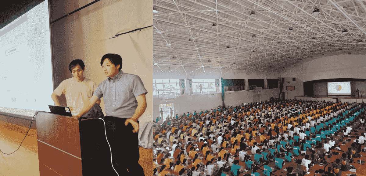 当日の講義用様子（左：Givin’ Back株式会社 取締役　田中悠介氏、右：当社代表　山本 裕晃）
