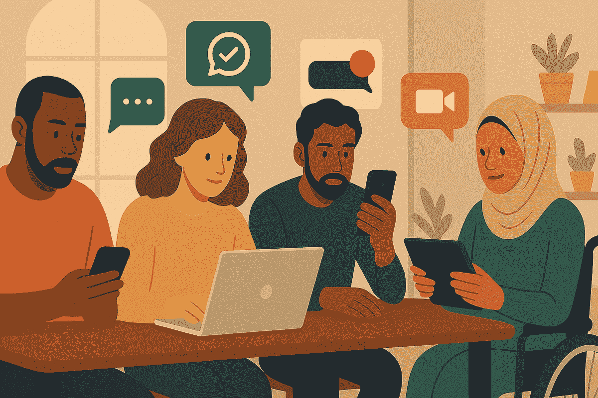 Four gender-neutral, ethnically diverse people sit around a wooden table using a laptop, smartphones, and a tablet. One person is in a wheelchair. Speech bubbles above them show different communication apps, symbolising modern, multi-channel communication.  