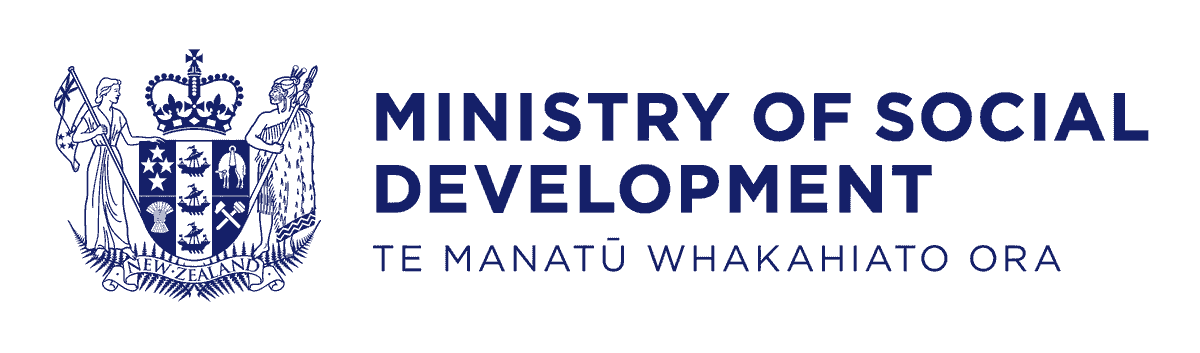Official logo of the Ministry of Social Development, featuring the New Zealand coat of arms on the left and the words "MINISTRY OF SOCIAL DEVELOPMENT" in bold blue uppercase letters on the right. Below the English name is the Māori translation "TE MANATŪ WHAKAHIATO ORA.