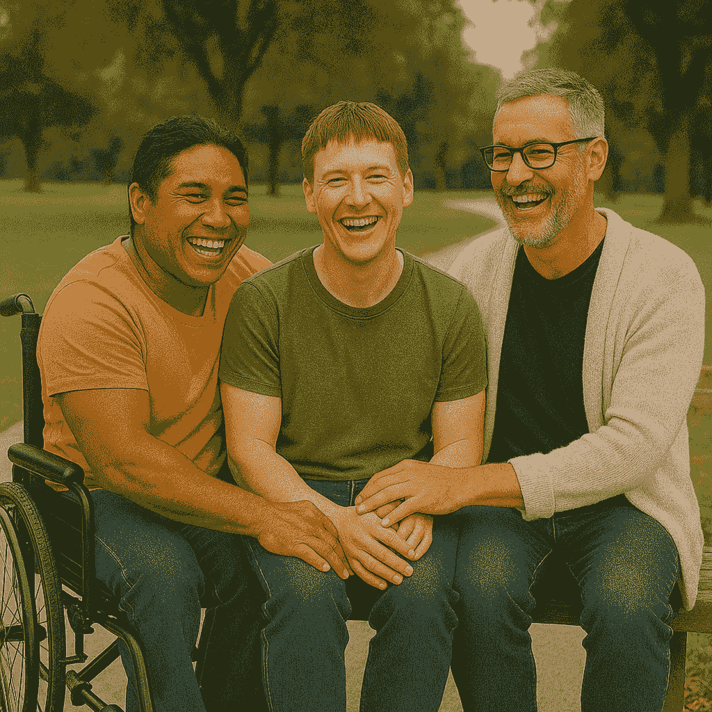 Three friends, including a man in a wheelchair, sit together in a sunny park laughing. They are diverse in age, skin tone, and style, showing warmth and connection.