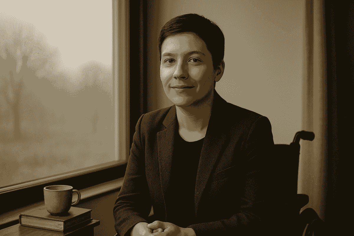 A young androgynous person with short dark hair sits in a wheelchair by a window, softly smiling with calm acceptance. Dressed in a dark blazer and black top, they are surrounded by warm natural light and a misty landscape outside, evoking a quiet sense of peace amid uncertainty.