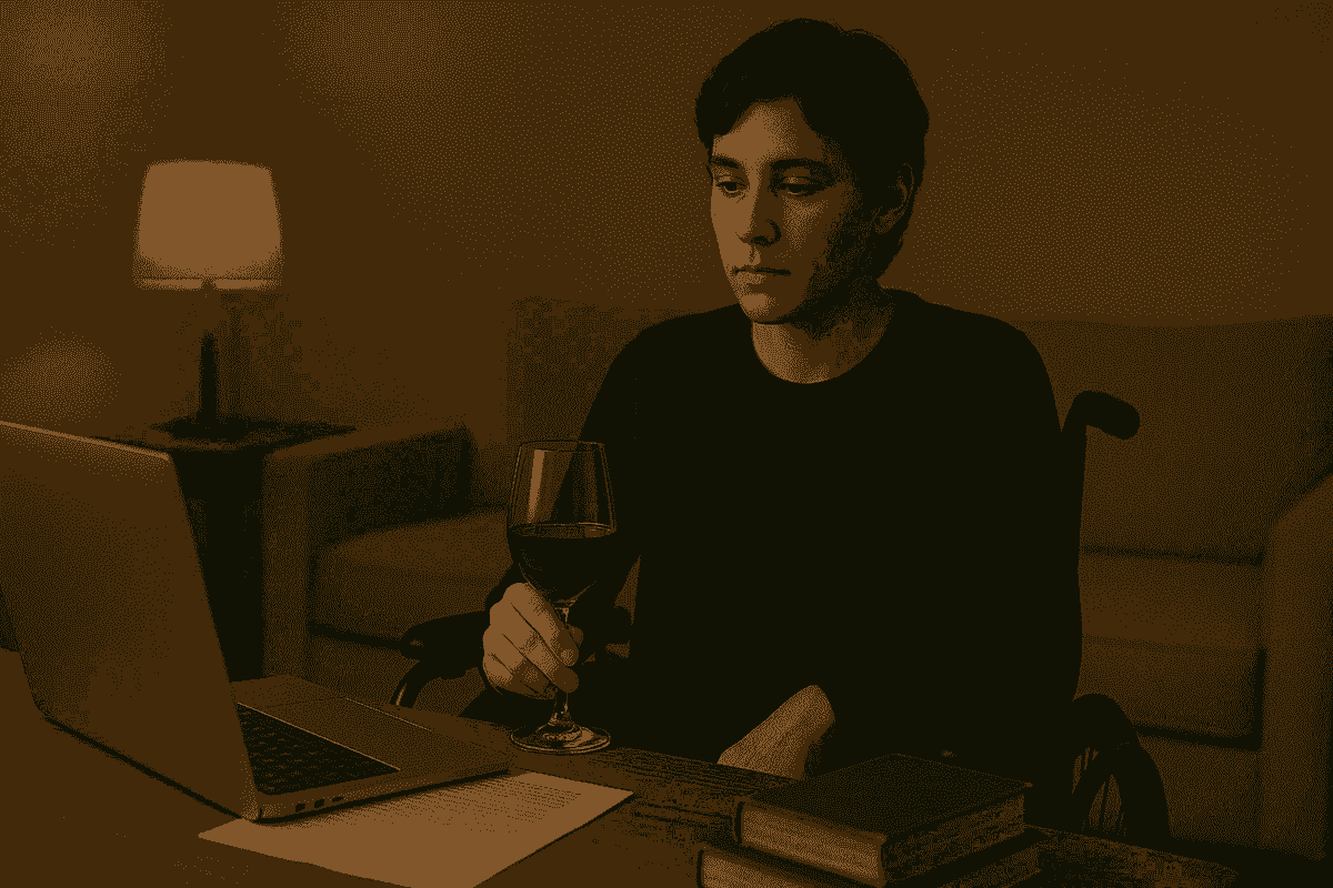 An androgynous individual with medium brown skin sits in a wheelchair, holding a glass of red wine at a wooden table. A laptop, papers, and books are in front of them, softly illuminated by warm lamplight in a calm, reflective living room scene.