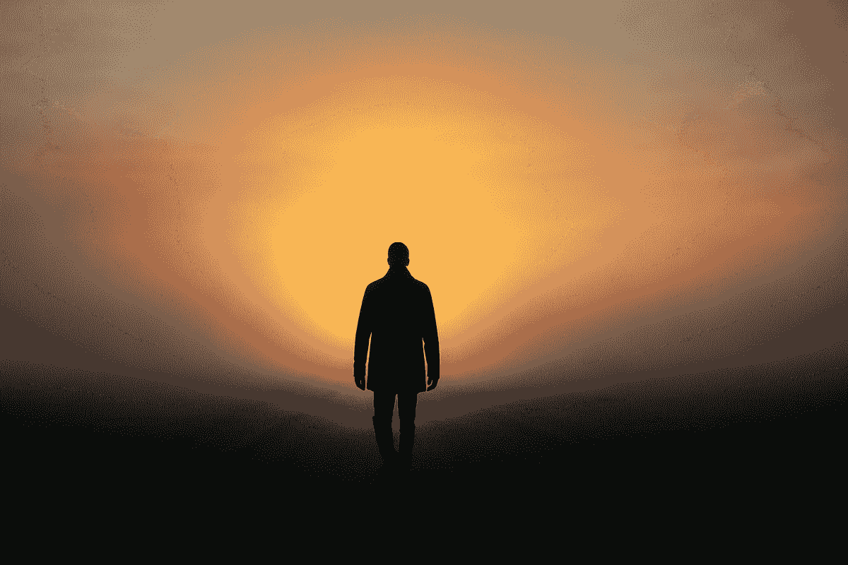 Silhouetted figure walking into a glowing, misty horizon at sunrise, symbolising both a beginning and an end.