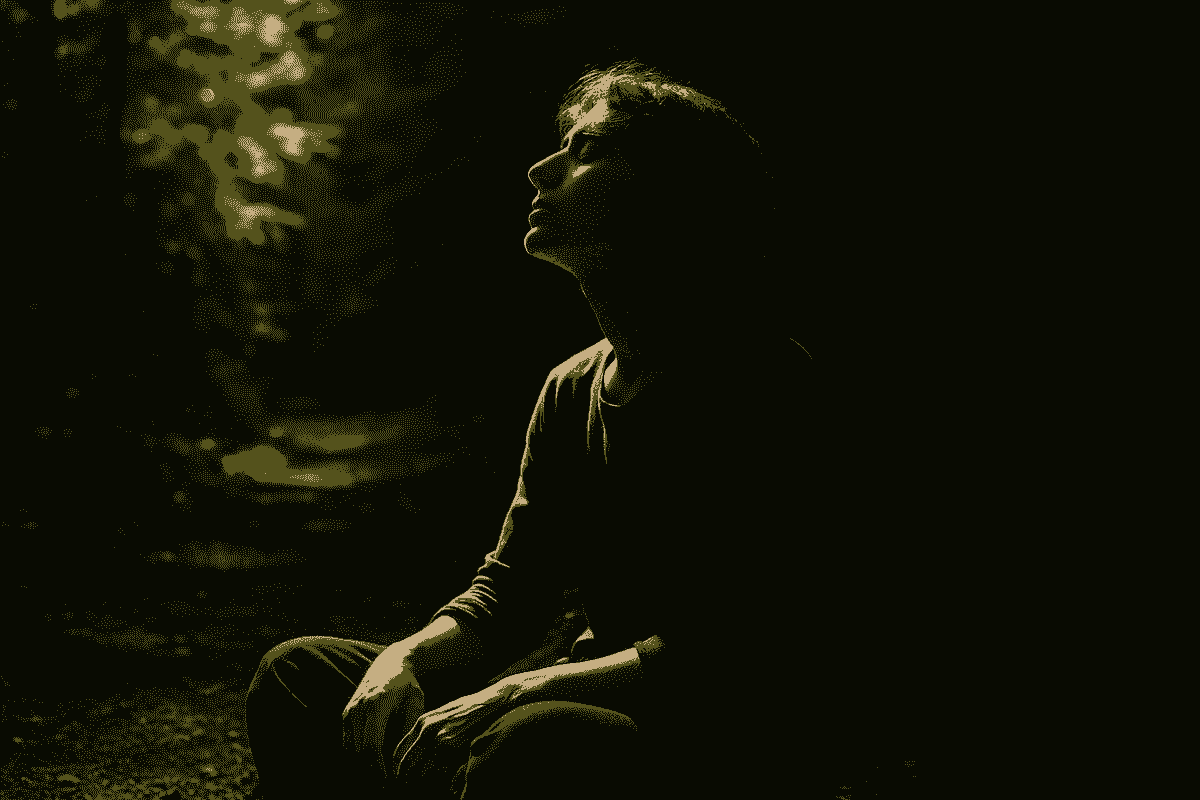 An androgynous person sits at the border of shadow and sunlight in a forest, symbolising the integration of decay, growth, and light within personal transformation.          Ask ChatGPT
