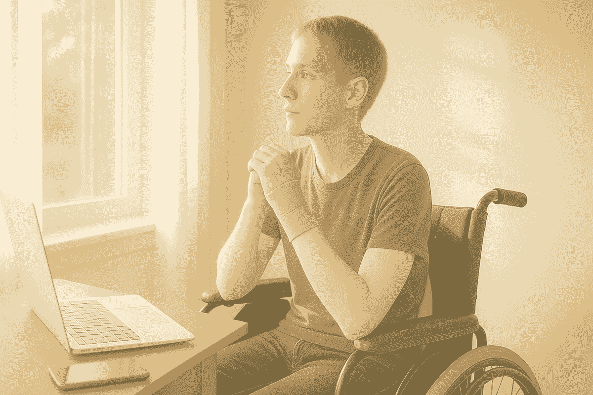 A person with a wrist splint sits in a wheelchair,  at a desk with a laptop, in soft natural light by a window. They look peacefully out the sunlit window — a calm moment amid life’s chaos.