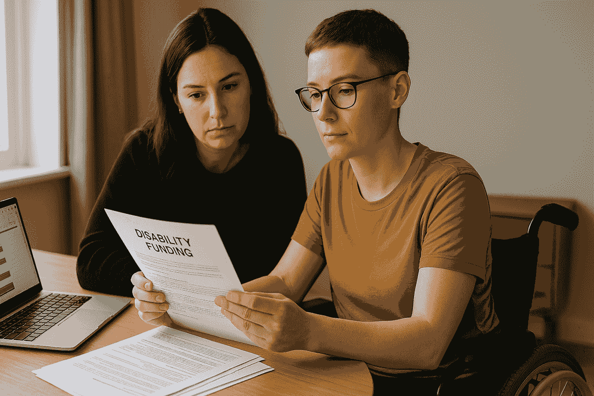 Wheelchair user wearing glasses and a mustard T-shirt reviews disability funding documents with a support person at a desk, both focused and serious, with a laptop open beside them in natural light