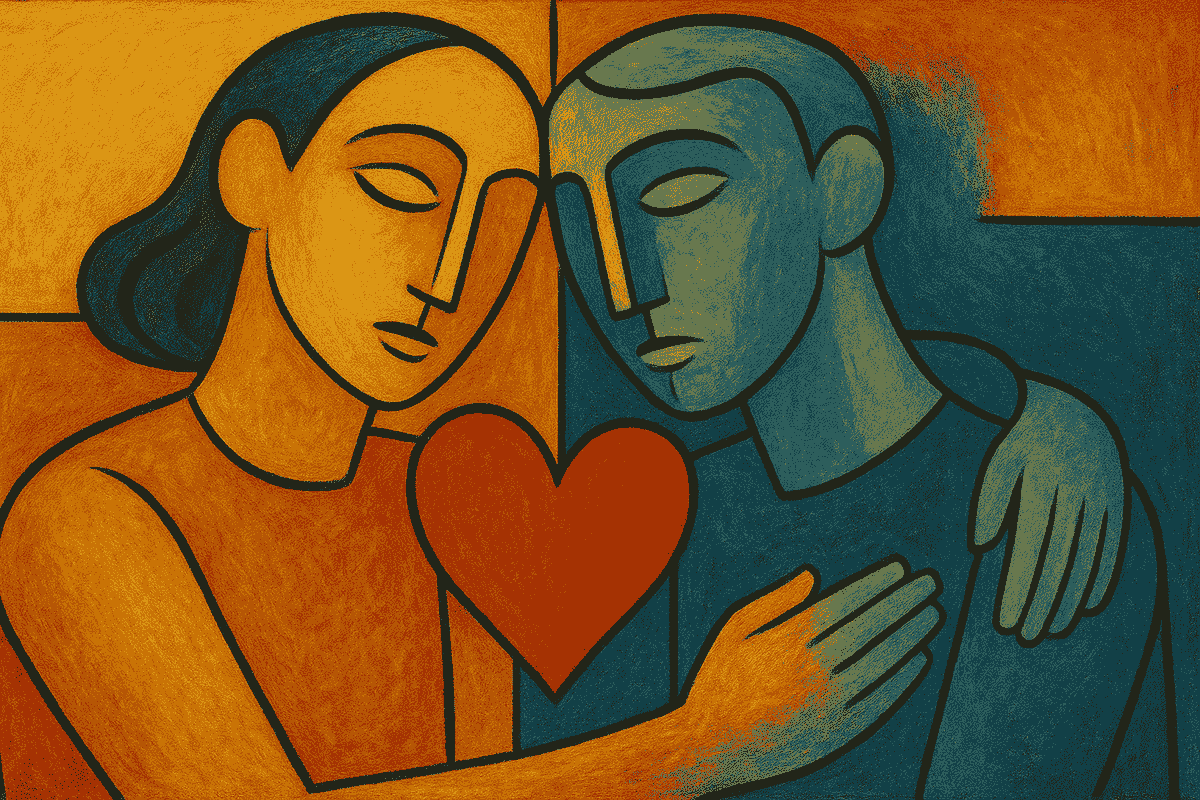 A Picasso-like cubist painting in 16:9 format showing two androgynous figures in an intimate embrace. One is painted in warm orange tones, the other in cool blue, with their faces touching and a bright red heart floating between them. Their abstract, geometric features blur gender, suggesting love, projection, and reflection.