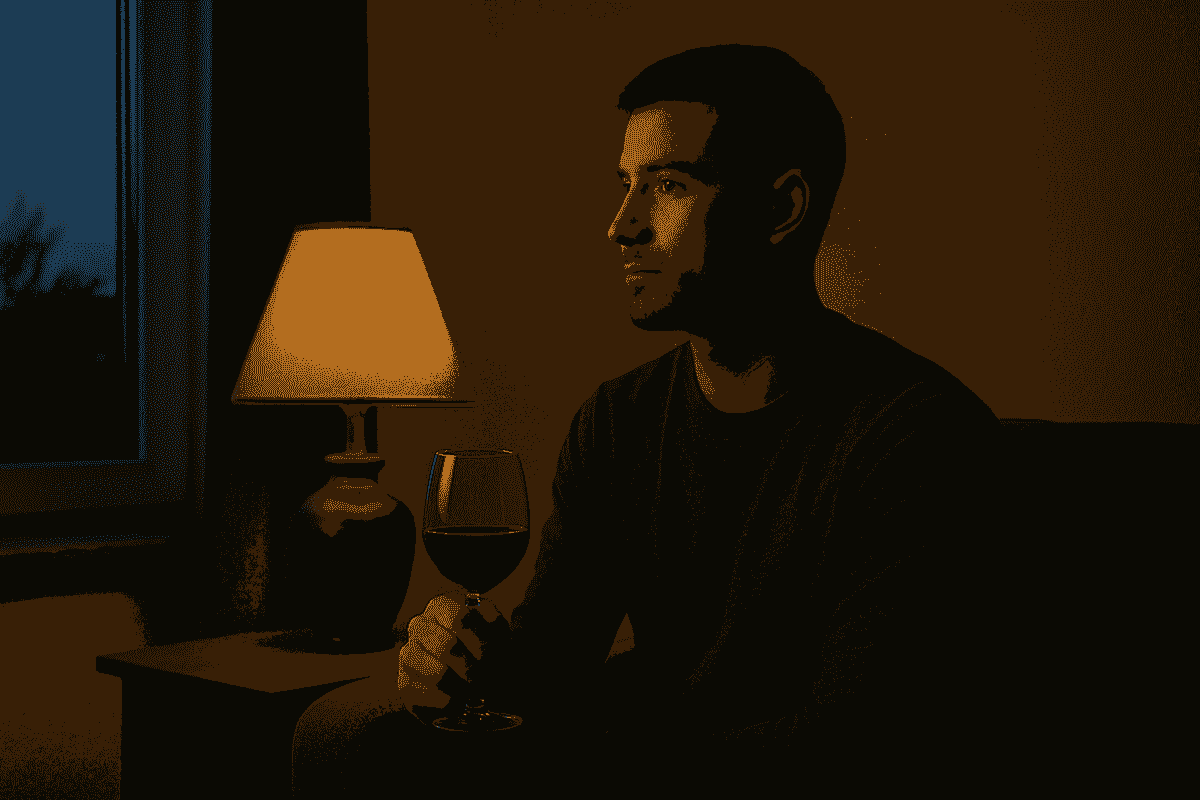 A young man with an androgynous appearance sits in a softly lit living room at dusk, holding a glass of red wine and gazing thoughtfully out of a nearby window.  
