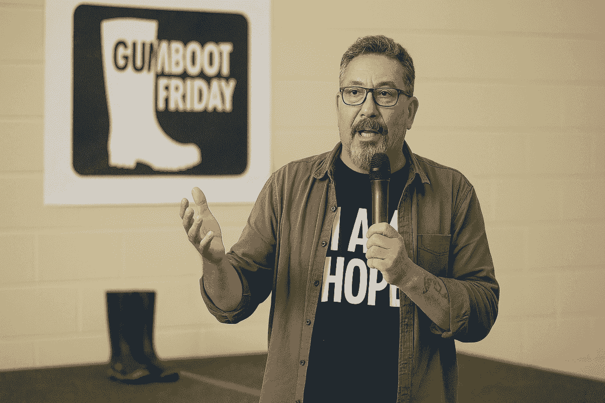 Mike King, a middle-aged Māori man with short salt-and-pepper hair, glasses, and a beard, speaks into a microphone at a Gumboot Friday event. He wears a black "I AM HOPE" T-shirt under an olive shirt and gestures expressively. Behind him is a large Gumboot Friday poster and a pair of black gumboots on the floor.  