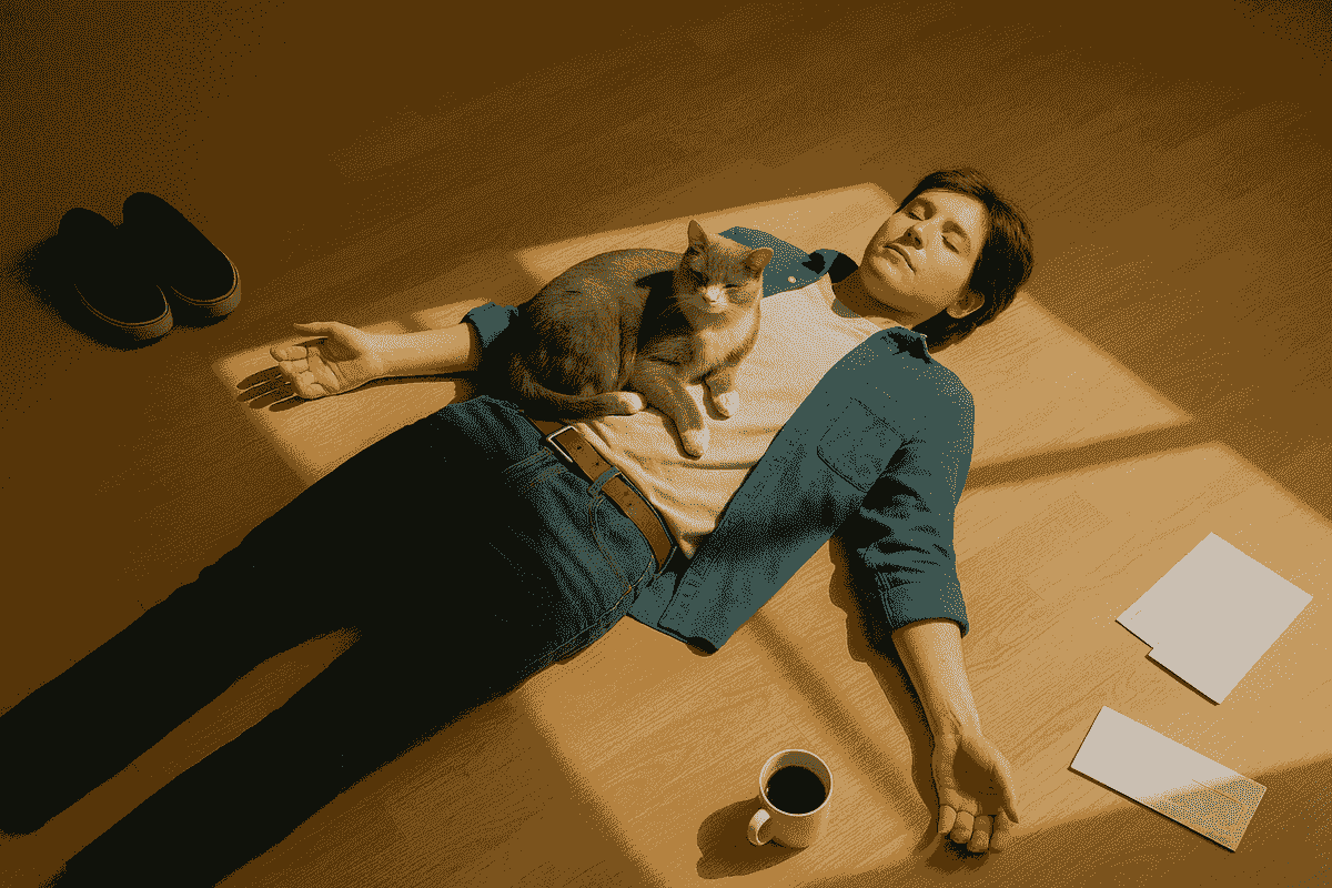 A person lying flat on their back in a patch of sun on the floor, still in their day clothes, one shoe on, one off. Around them are the chaotic signs of life: coffee cup, unopened mail, cat on their chest. The expression? Somewhere between “defeated” and “don’t even think about talking to me.”  Alt text: A person in everyday clothes lying on the floor in a sunbeam, one shoe on, one off. Their eyes are closed as a cat lies on their chest, surrounded by everyday clutter like mail, coffee, and shoes—visibly in a moment of “I’ve had enough.