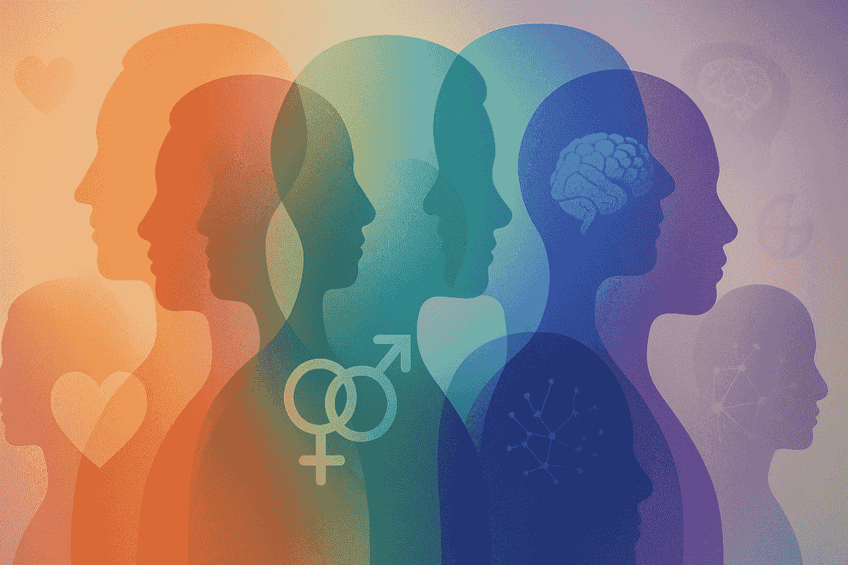 Abstract image of overlapping translucent human silhouettes in varied colours, representing evolving identity, neurodivergence, gender fluidity, and emotional complexity. Background includes soft symbols of love, brainwaves, and diversity.