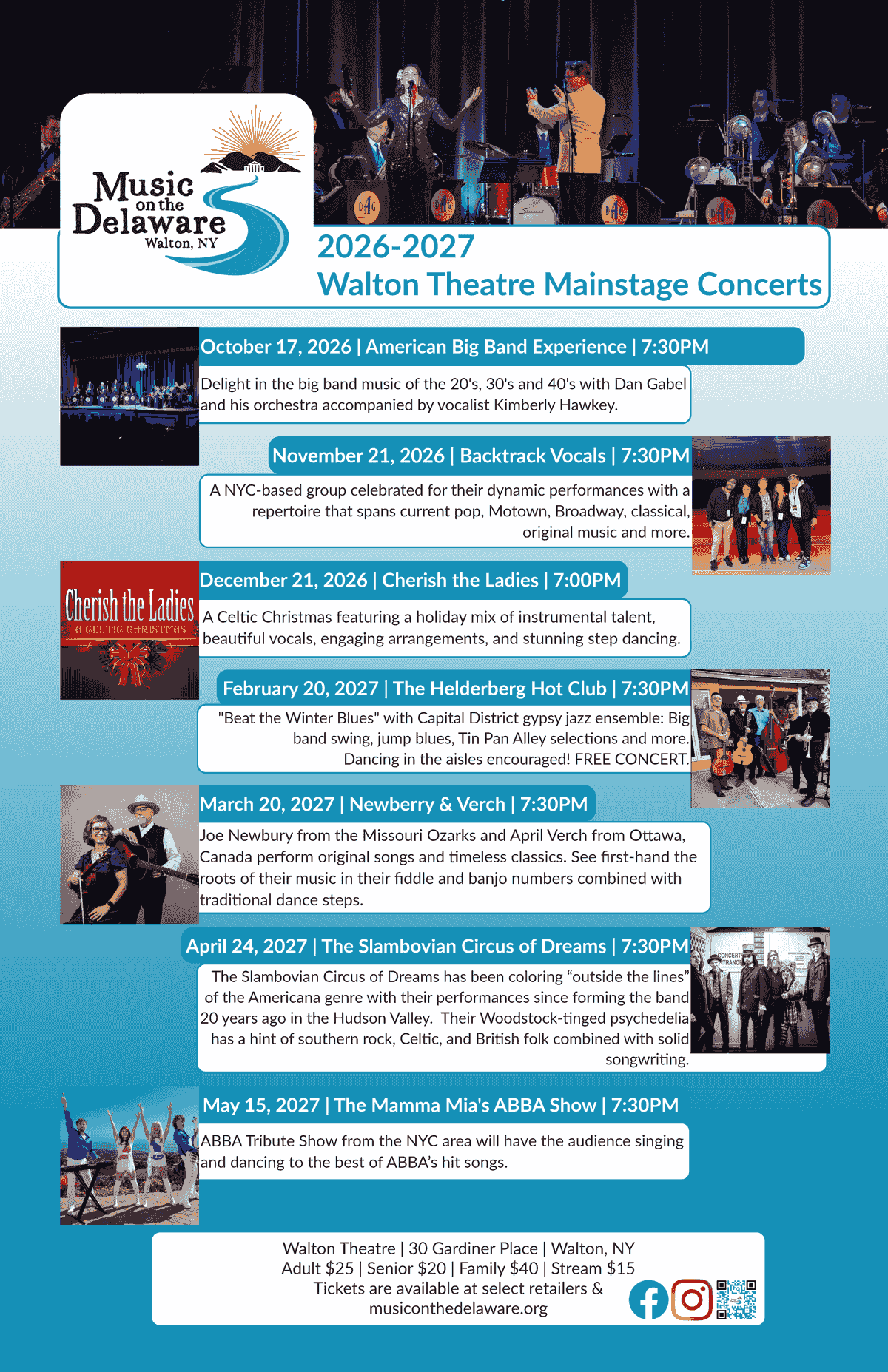 A concert schedule flyer for Walton Theatre Mainstage Concerts during 2026-2027, listing seven events with dates, times, and brief descriptions of each performance. The flyer features a header with a band photo, event details in blue and red text boxes, and ticket information at the bottom, highlighting diverse music genres and free admission for the February 20 event. A concert schedule flyer for Walton Theatre Mainstage Concerts during 2026-2027, listing seven events with dates, times, and brief descriptions of each performance. The flyer features a header with a band photo, event details in blue and red text boxes, and ticket information at the bottom, highlighting diverse music genres and free admission for the February 20 event.