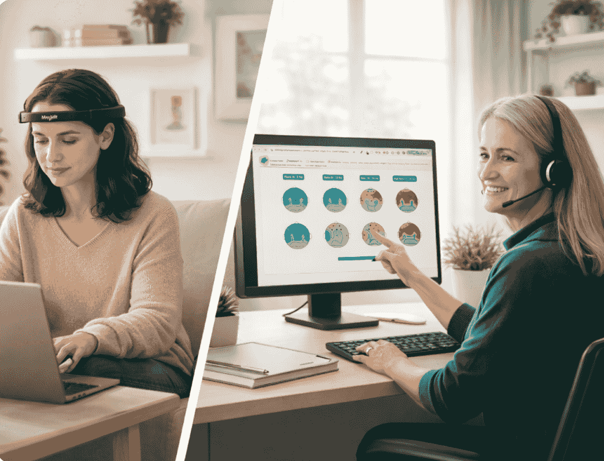 Our easy-to-use at-home scanning system makes brain health monitoring accessible to everyone. No need for complicated procedures; simply follow our straightforward instructions and get immediate results from the comfort of your home. User-Friendly Experience What We Offer A simple, at-home brain scan system that shows how your brain is functioning — and what to do next.
Designed for people dealing with concussion symptoms, brain fog, focus issues, anxiety, or anyone who wants objective insight into their brain health. Our easy-to-use at-home scanning system makes brain health monitoring accessible to everyone. No need for complicated procedures; simply follow our straightforward instructions and get immediate results from the comfort of your home. User-Friendly Experience What We Offer A simple, at-home brain scan system that shows how your brain is functioning — and what to do next.
Designed for people dealing with concussion symptoms, brain fog, focus issues, anxiety, or anyone who wants objective insight into their brain health.