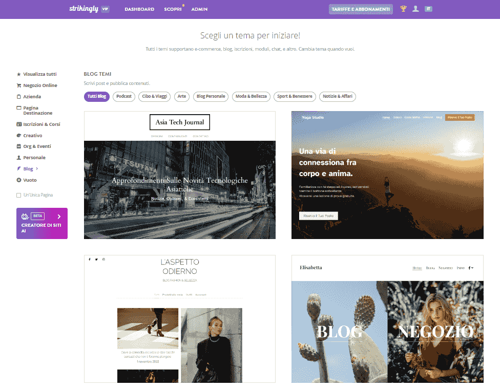 Pagina di Selezione Tema di Strikingly