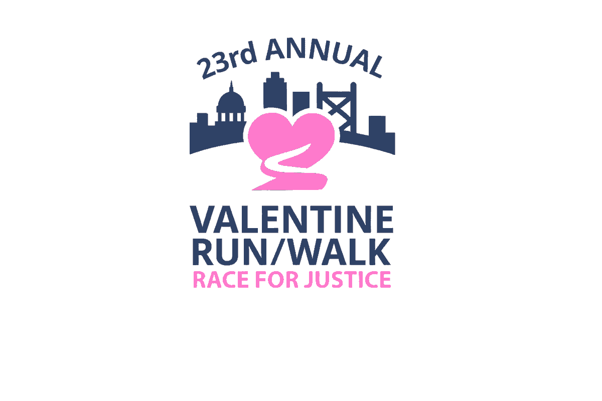 23rd Annual Valentine Run/Walk Race for Justice logo. Sacramento cityscape with Heart