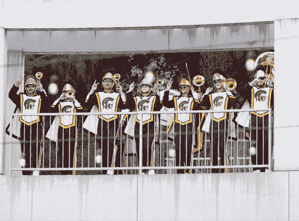USC Marching band performing for a corporate event at Skirball Cultural Center