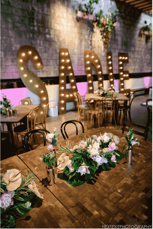Large marquee light up letters spelling SADIE at a bat mitzvah