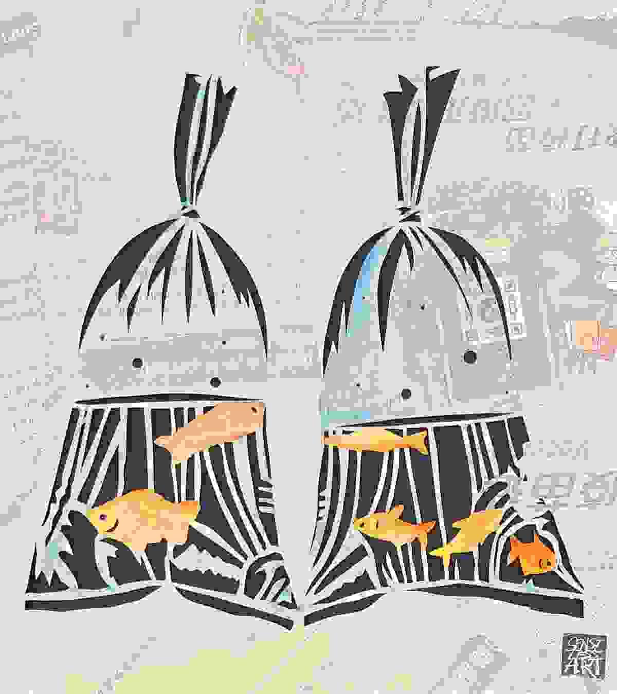 Original intricate papercut art by Rachel Smith of Senselessart depicting a colourful fish in plastic bags Original intricate papercut art by Rachel Smith of Senselessart depicting a colourful fish in plastic bags