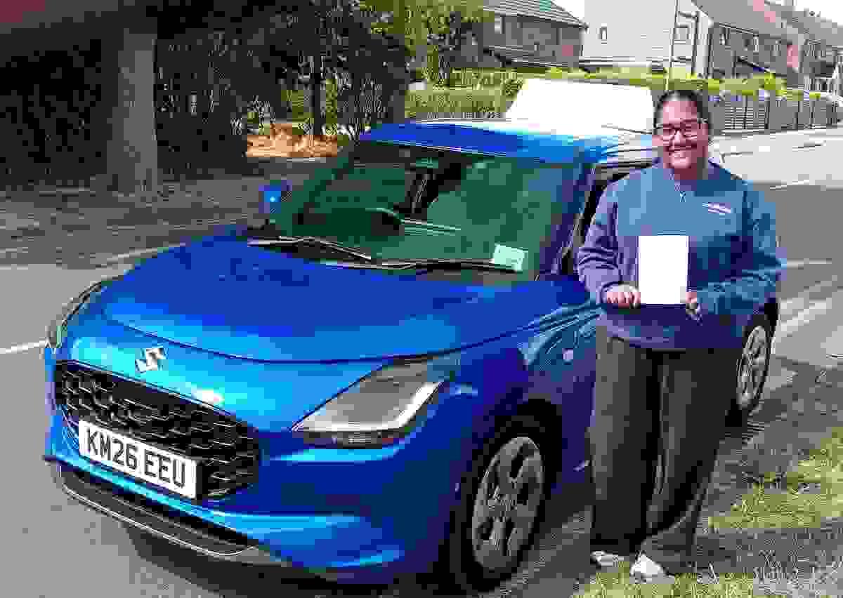 Aniya celebrating her first-time driving test pass with Luke's Learners in Chesham Aniya celebrating her first-time driving test pass with Luke's Learners in Chesham