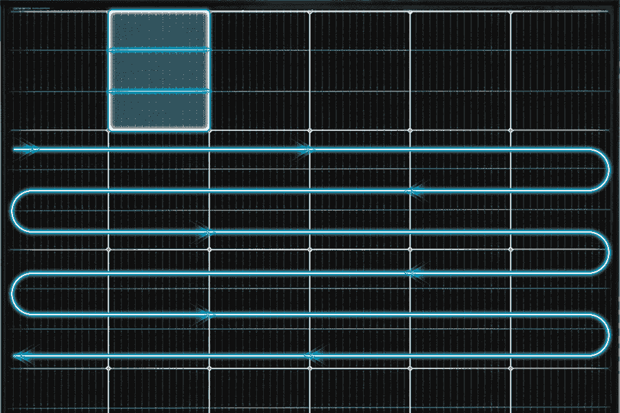 Schema di taglio delle celle fotovoltaiche con tecnologia a triplo taglio, che mostra il percorso del flusso di corrente.
