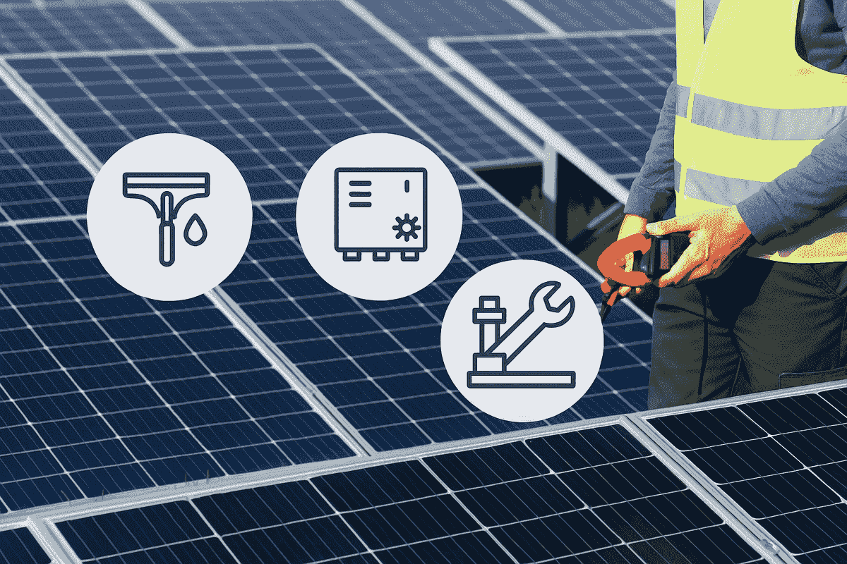 Pulizia dei moduli, verifica dell’inverter e controllo della struttura del sistema fotovoltaico aziendale.