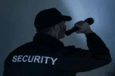 Licensed security guard with torch responding to alarm