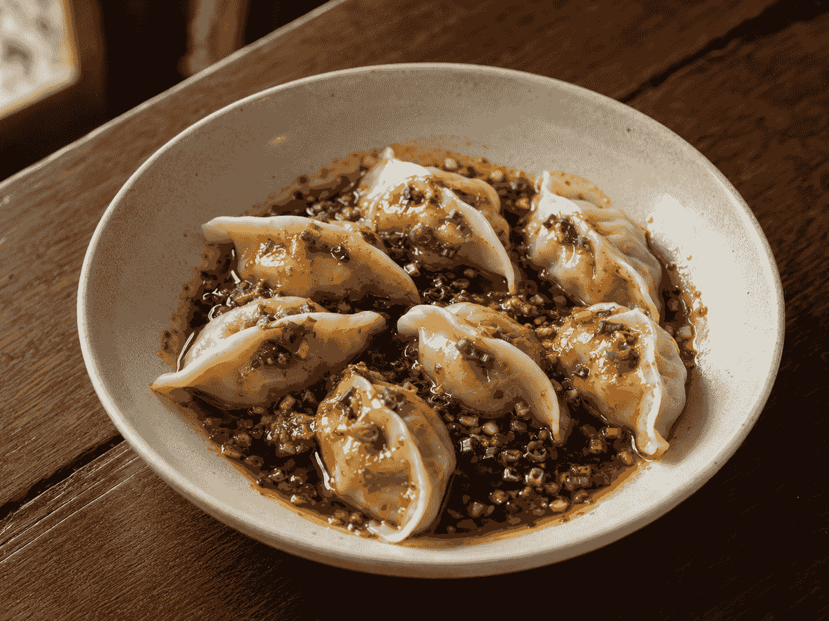 Chengdu Zhong dumplings served with aromatic chili oil, garlic and sweet soy sauce Chengdu Zhong dumplings served with aromatic chili oil, garlic and sweet soy sauce