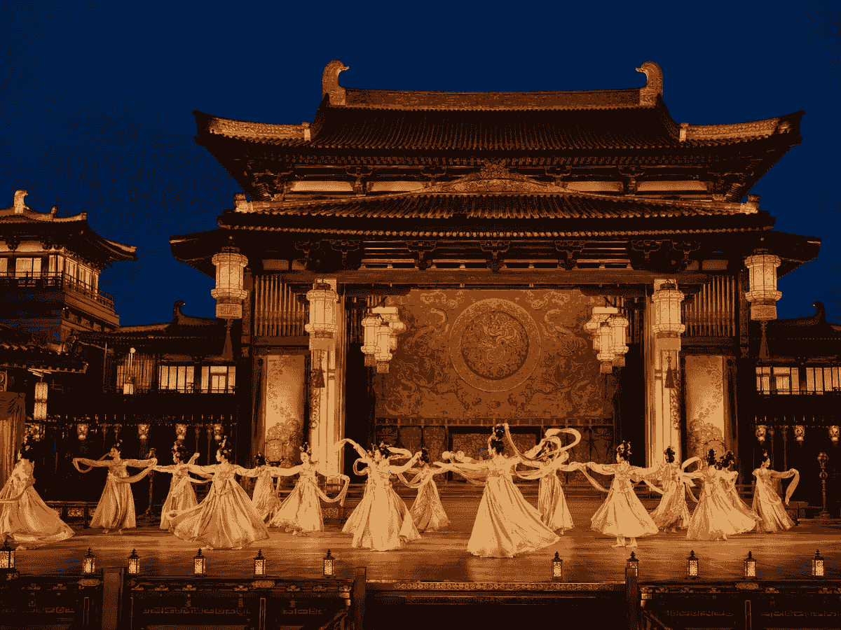 Tang Dynasty-inspired cultural performance with dancers in flowing costumes on an ornate Xi’an stage. Tang Dynasty-inspired cultural performance with dancers in flowing costumes on an ornate Xi’an stage.