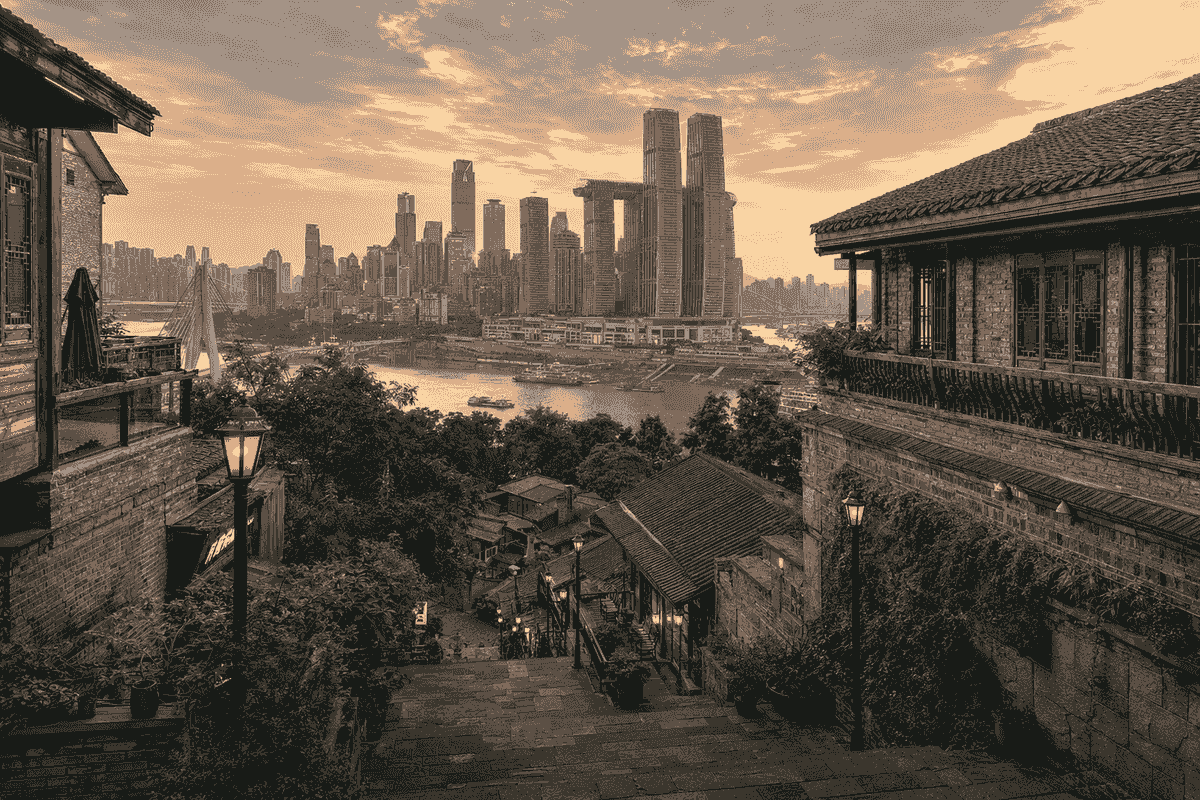 Historic Longmenhao Old Street overlooking the Yangtze River and central Chongqing skyline Historic Longmenhao Old Street overlooking the Yangtze River and central Chongqing skyline