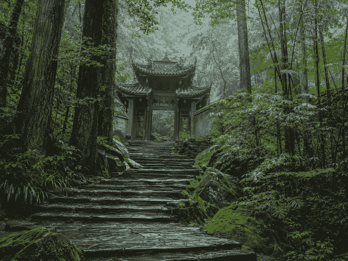 Forest path leading to a Taoist temple on Mount Qingcheng near Chengdu Forest path leading to a Taoist temple on Mount Qingcheng near Chengdu