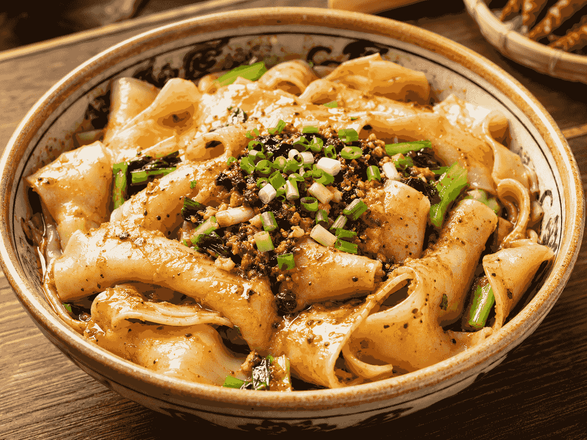raditional Xi’an biangbiang noodles with chili oil, vegetables and scallions in a ceramic bowl. raditional Xi’an biangbiang noodles with chili oil, vegetables and scallions in a ceramic bowl.