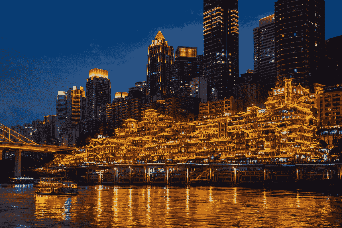 Illuminated Hongya Cave beside the Jialing River in Chongqing at night Illuminated Hongya Cave beside the Jialing River in Chongqing at night