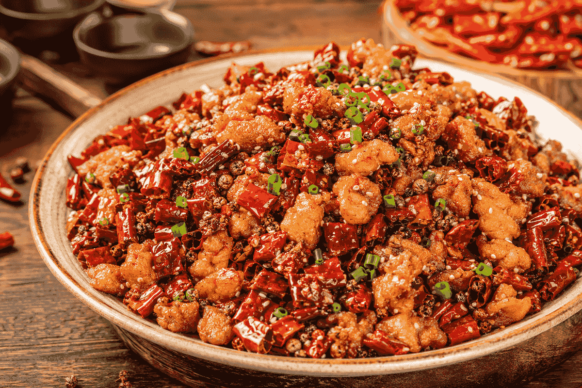 Chongqing la zi ji with crispy chicken, dried red chilies and Sichuan peppercorns Chongqing la zi ji with crispy chicken, dried red chilies and Sichuan peppercorns