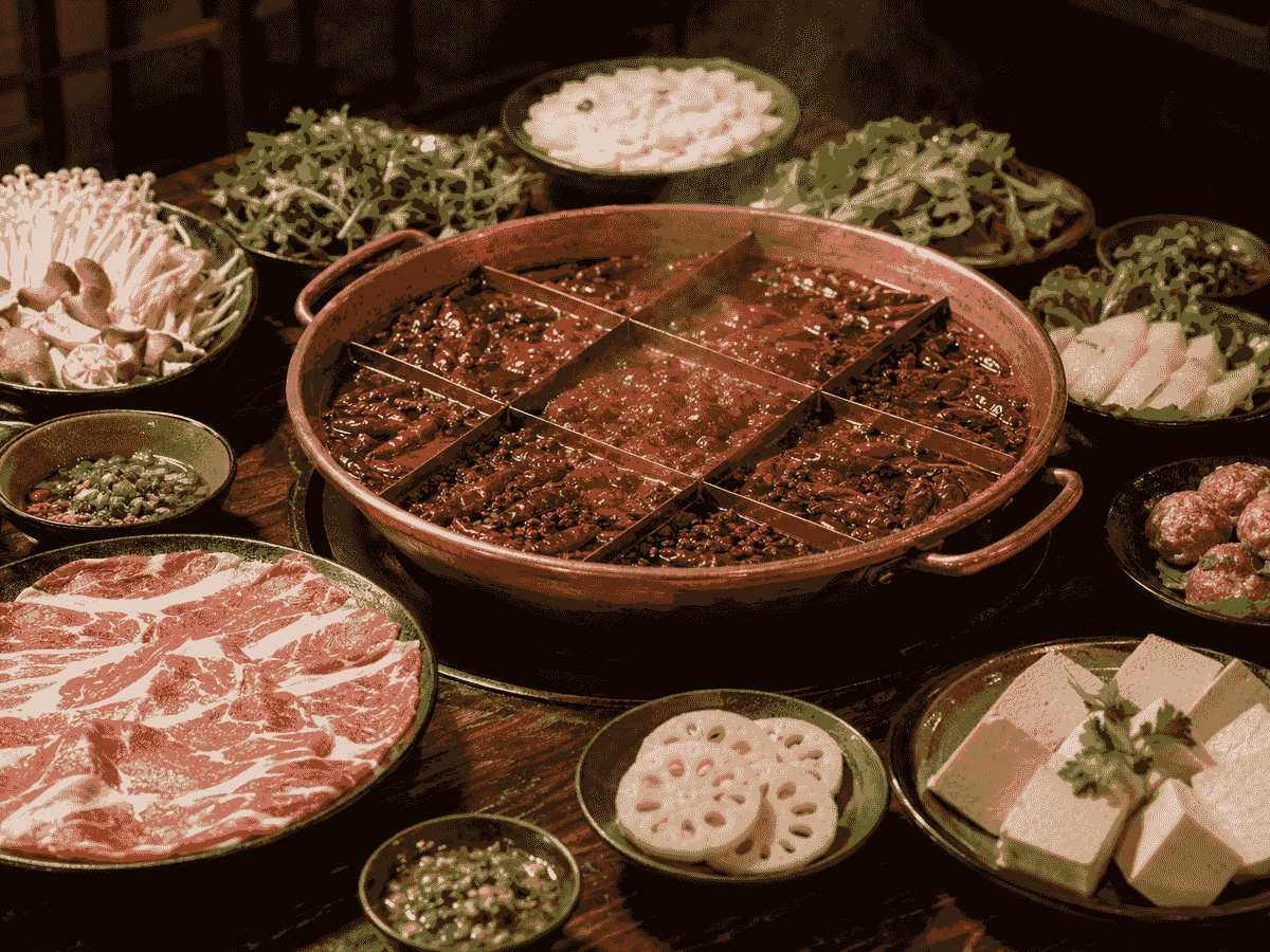 Traditional Sichuan hot pot with spicy chili broth and fresh ingredients in Chengdu Traditional Sichuan hot pot with spicy chili broth and fresh ingredients in Chengdu