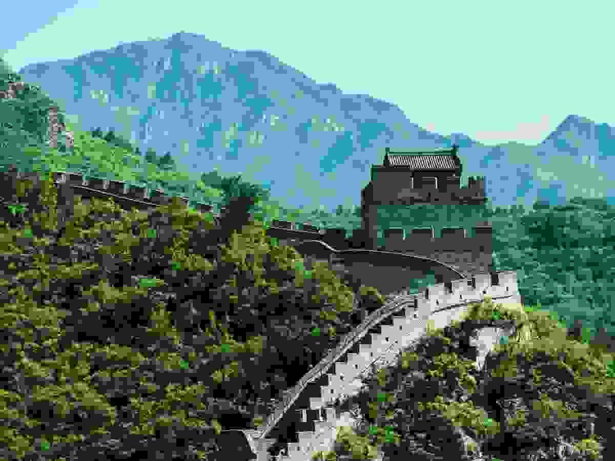 The Great Wall of China winding across lush green mountain ridges under a bright sky The Great Wall of China winding across lush green mountain ridges under a bright sky