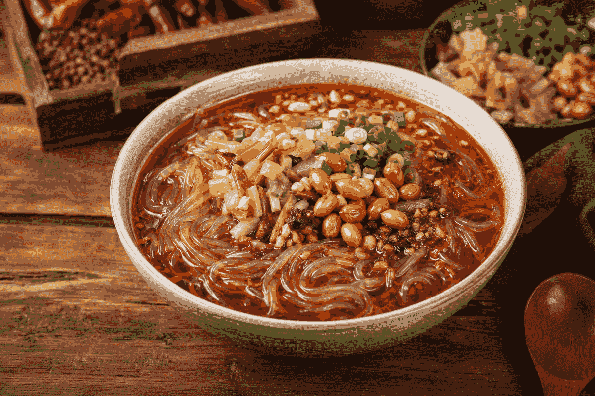 Chongqing hot and sour sweet potato noodles with peanuts, pickled vegetables and chili oil Chongqing hot and sour sweet potato noodles with peanuts, pickled vegetables and chili oil