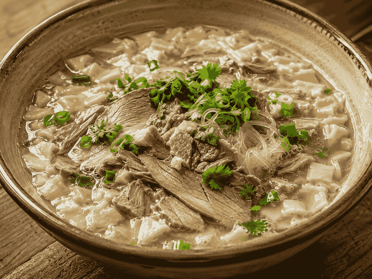 Traditional Xi’an yangrou paomo with lamb, torn flatbread, glass noodles and fresh herbs. Traditional Xi’an yangrou paomo with lamb, torn flatbread, glass noodles and fresh herbs.