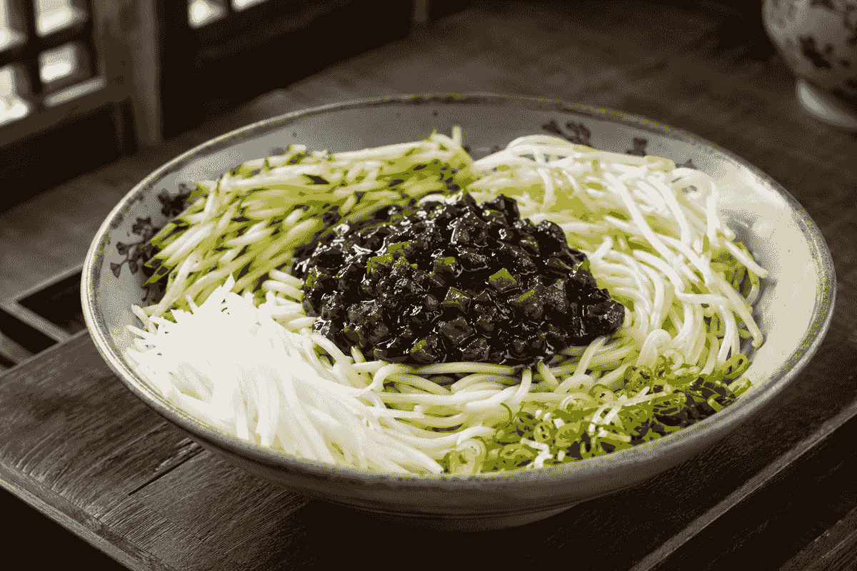 Traditional Beijing zhajiangmian noodles with soybean pork sauce and fresh vegetable toppings. Traditional Beijing zhajiangmian noodles with soybean pork sauce and fresh vegetable toppings.