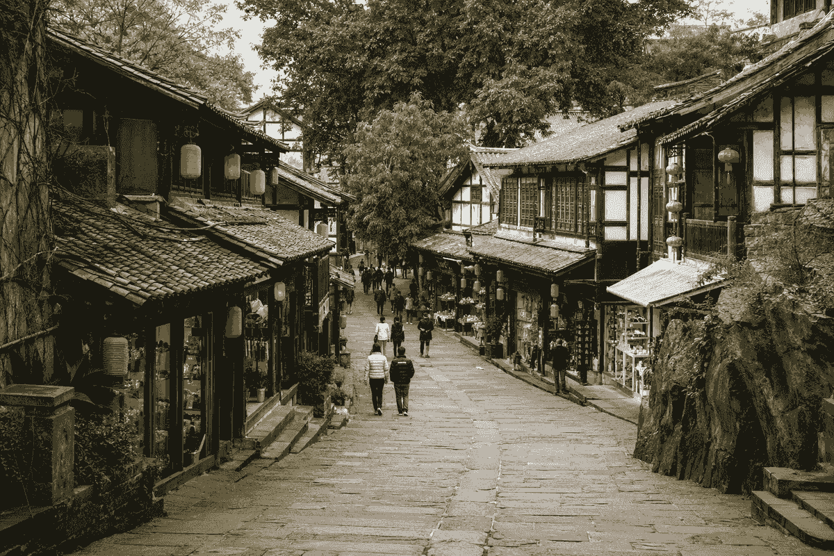 Historic Longmenhao Old Street overlooking the Yangtze River and central Chongqing skyline Historic Longmenhao Old Street overlooking the Yangtze River and central Chongqing skyline
