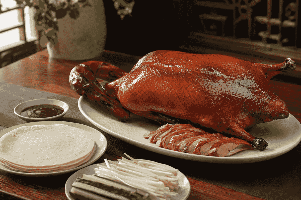 Traditional Beijing roast duck served with pancakes, cucumber, scallions, and sweet bean sauce. Traditional Beijing roast duck served with pancakes, cucumber, scallions, and sweet bean sauce.