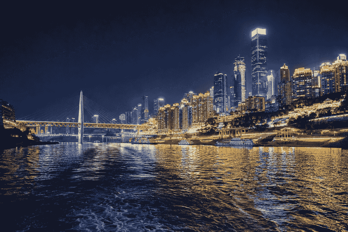 Chongqing skyline, illuminated bridges and river reflections seen during a night cruise Chongqing skyline, illuminated bridges and river reflections seen during a night cruise