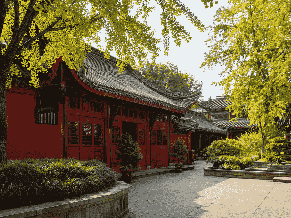 Historic red temple buildings and ginkgo trees at Wenshu Monastery in Chengdu. Historic red temple buildings and ginkgo trees at Wenshu Monastery in Chengdu.