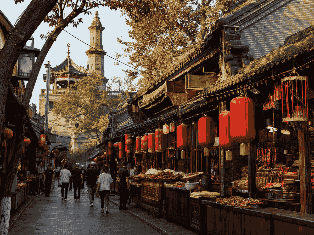 Historic street in Xi’an’s Muslim Quarter lined with local food stalls and red lanterns. Historic street in Xi’an’s Muslim Quarter lined with local food stalls and red lanterns.