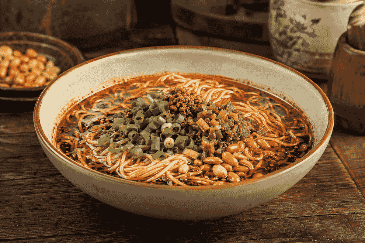 Bowl of Chongqing xiaomian noodles with chili oil, pickled vegetables, peanuts and scallions Bowl of Chongqing xiaomian noodles with chili oil, pickled vegetables, peanuts and scallions