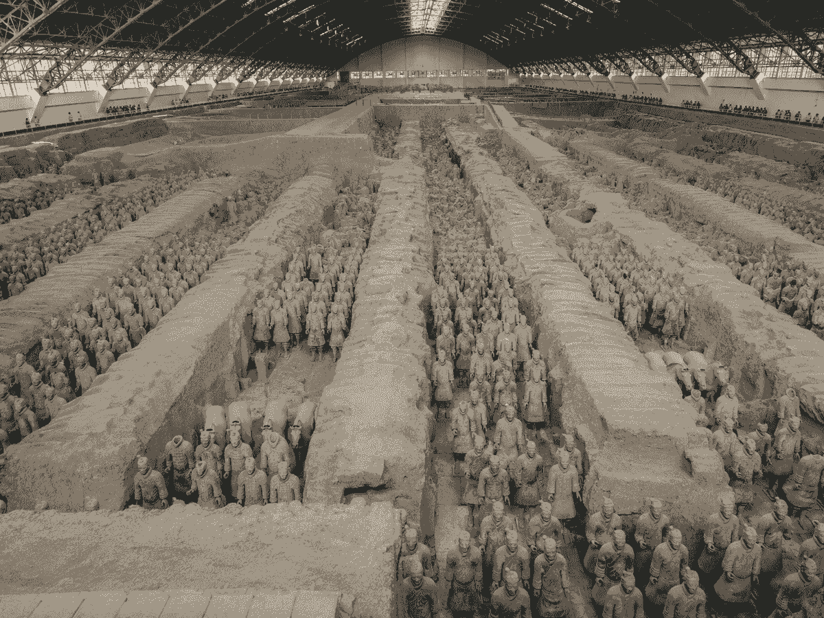 Rows of life-size Terracotta Warriors displayed inside Pit 1 near Xi’an, China. Rows of life-size Terracotta Warriors displayed inside Pit 1 near Xi’an, China.